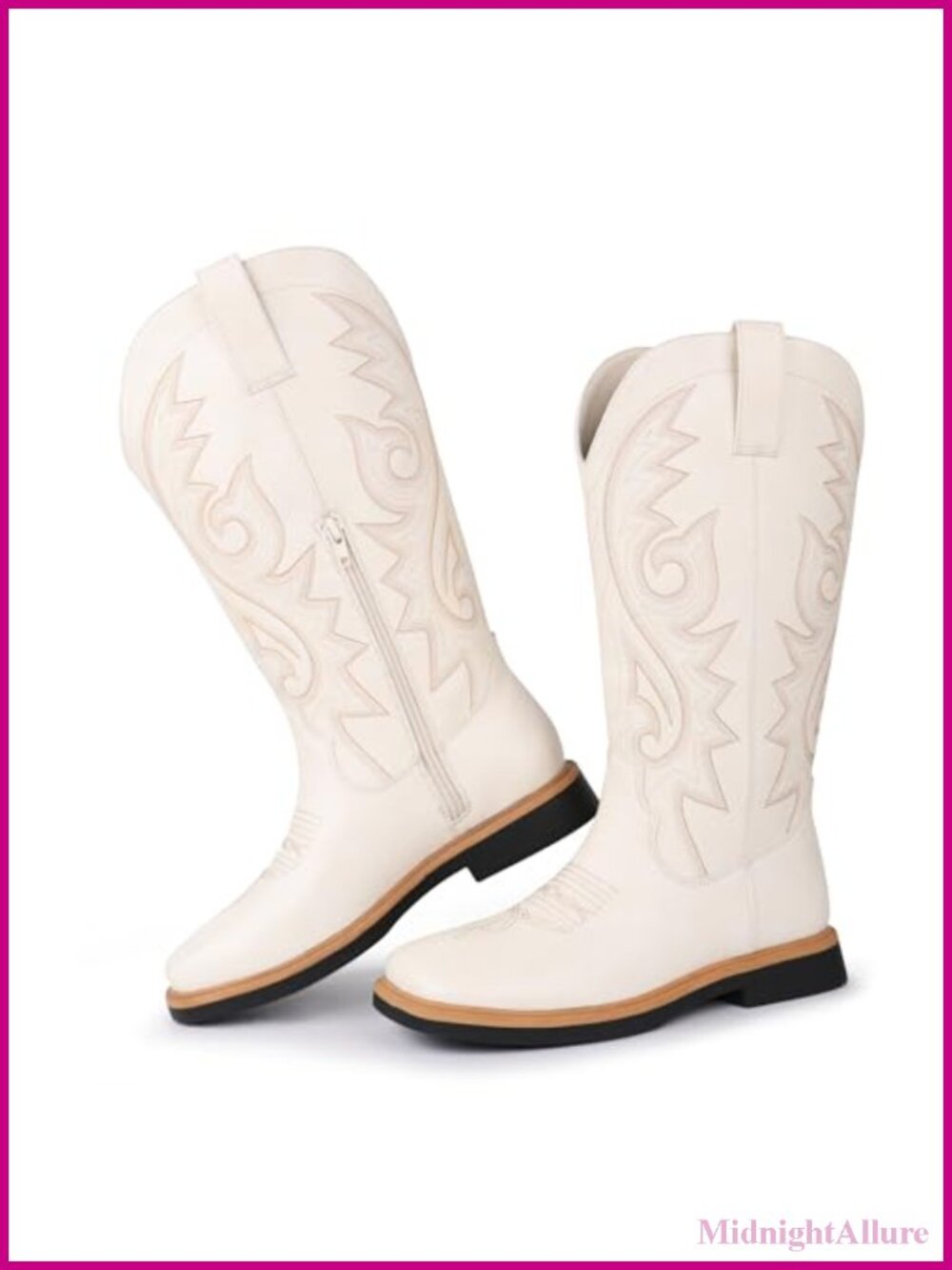 Women's Cowboy Boots Square Toe Side Zipper Embroidered Low Heel Mid Calf